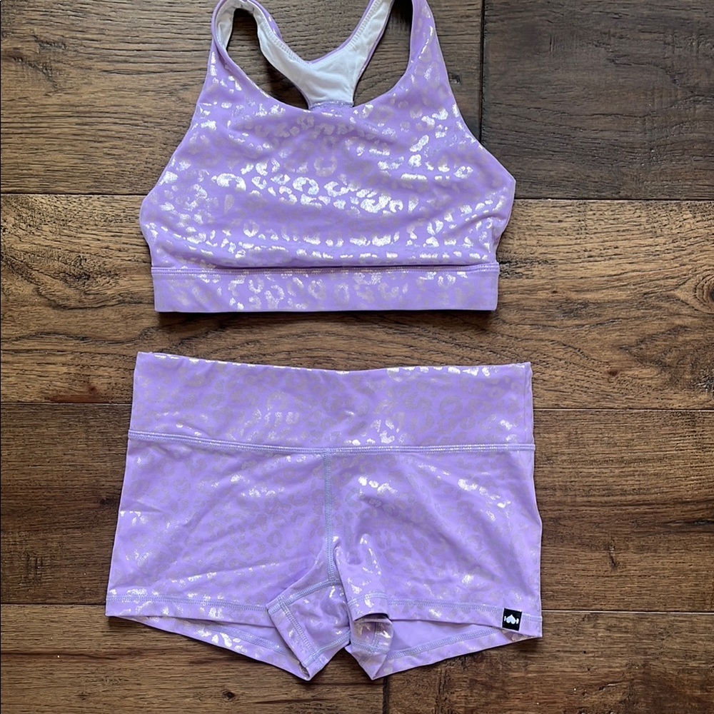 Lilac Metallic Leopard Racerback Sports Bra & Shorts Set